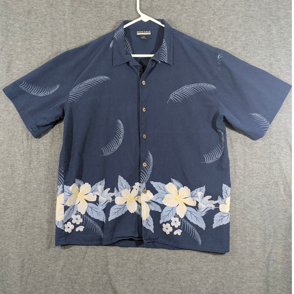 Montage Collection Navy Blue 100% Silk Tropical Floral Hawaiian Shirt Size XL